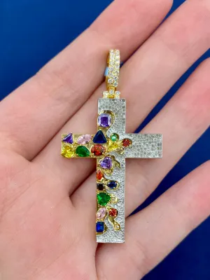 14K Colorful Diamond Cross Pendant