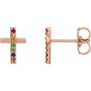 14K Rose Multi-Gemstone Cross Earrings