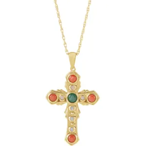 14KT Yellow Gold Multi-Gemstone Vintage-Inspired Cross Necklace 18"