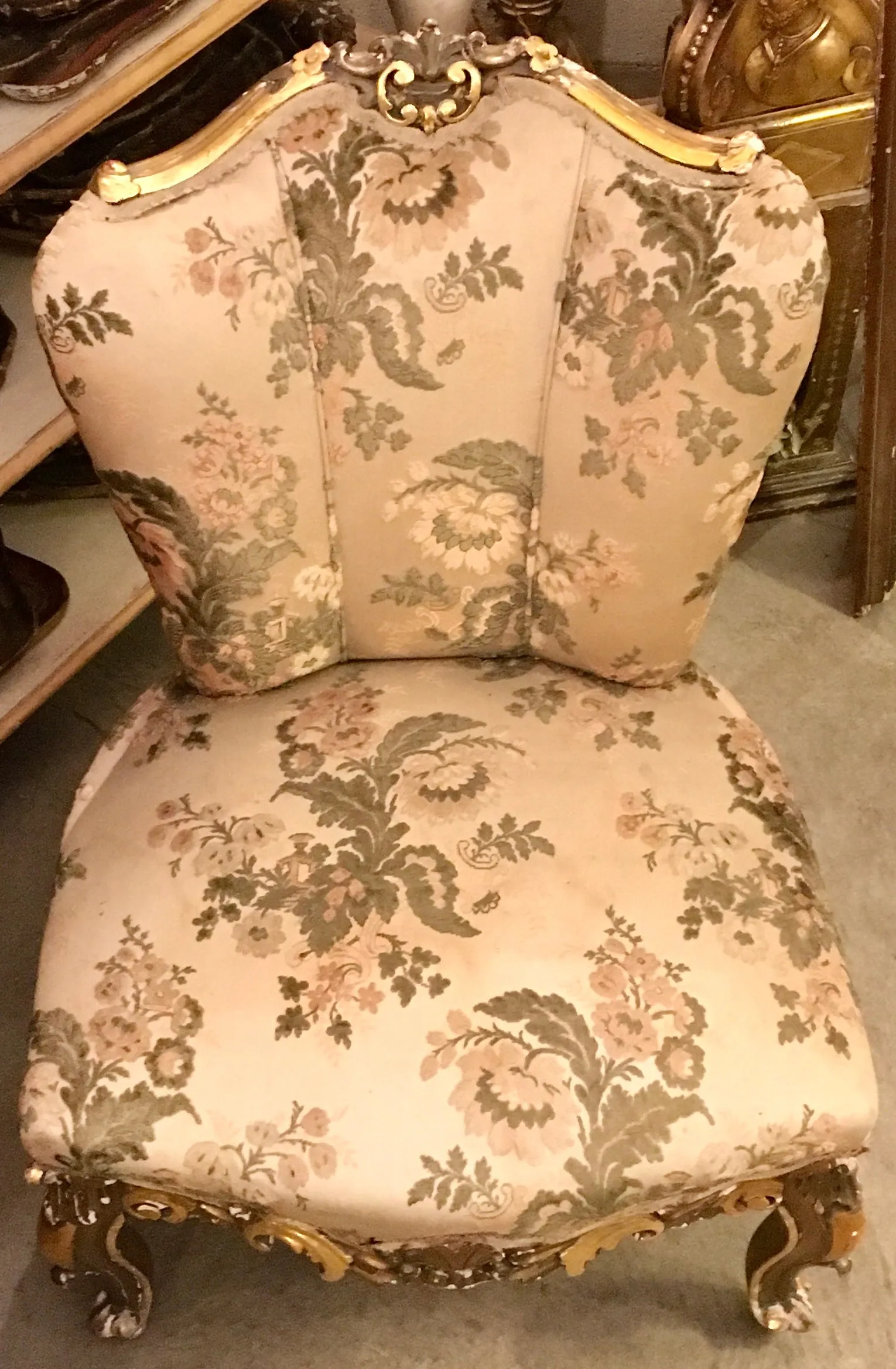 1940s French Slipper Upholstered and Parcel-gilt Chair With Floral Motifs