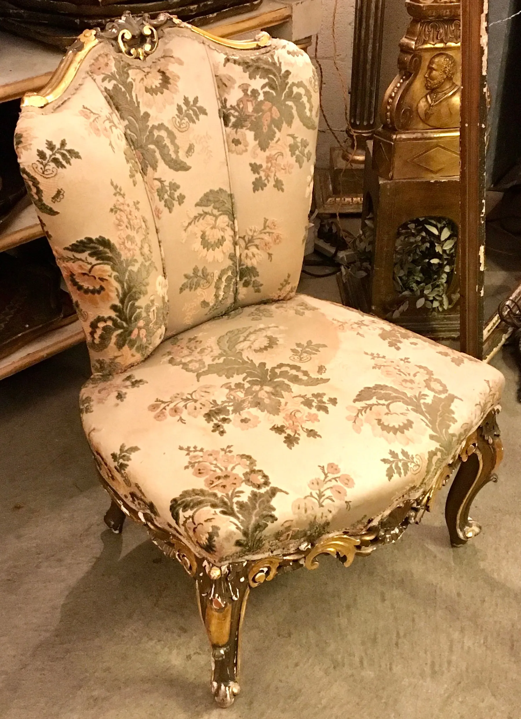 1940s French Slipper Upholstered and Parcel-gilt Chair With Floral Motifs