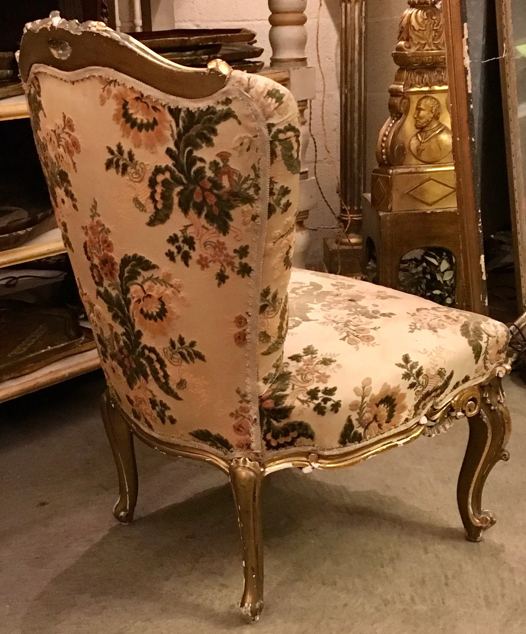 1940s French Slipper Upholstered and Parcel-gilt Chair With Floral Motifs