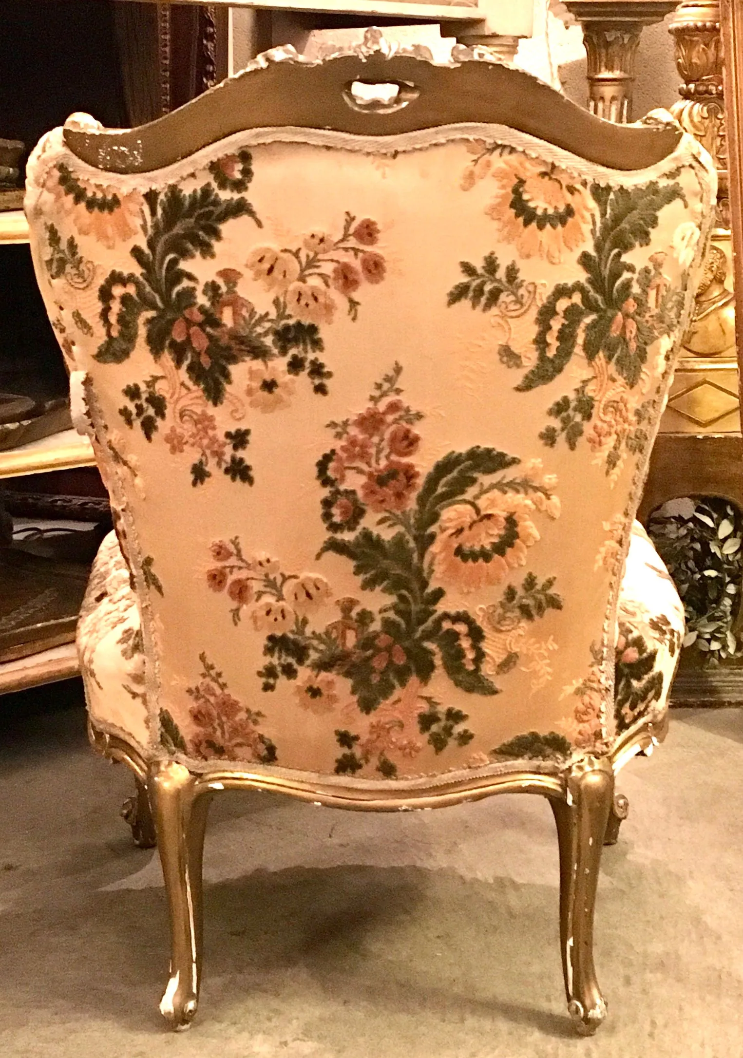 1940s French Slipper Upholstered and Parcel-gilt Chair With Floral Motifs
