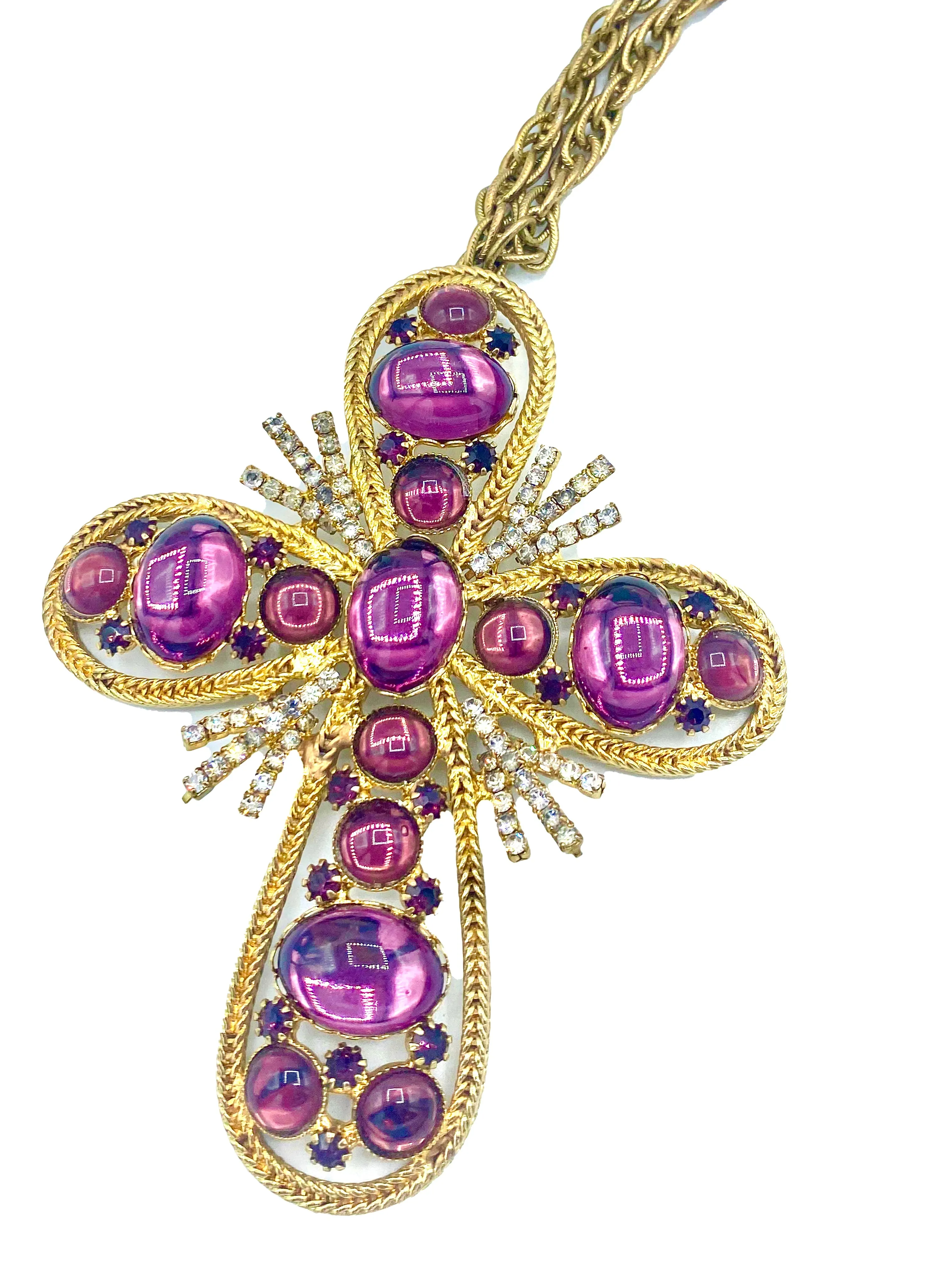 70s Oversized Cross Pendant In Amethyst Toned Stones For Swingers