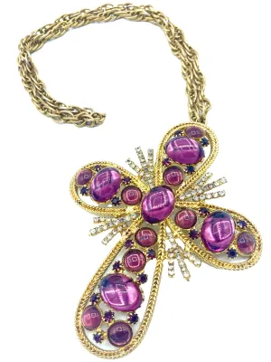 70s Oversized Cross Pendant In Amethyst Toned Stones For Swingers
