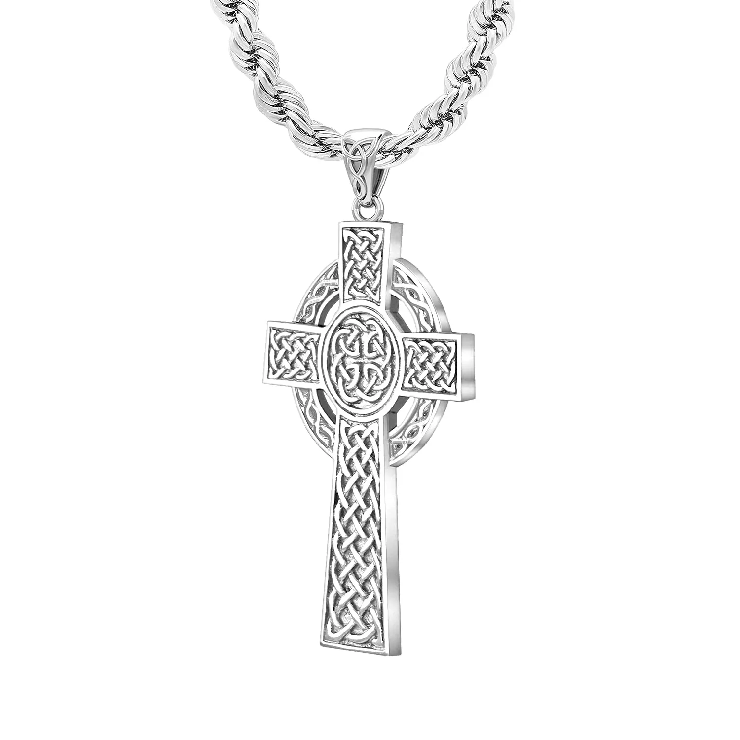925 Sterling Silver Large High Polished Finish Irish Celtic Cross Pendant Necklace