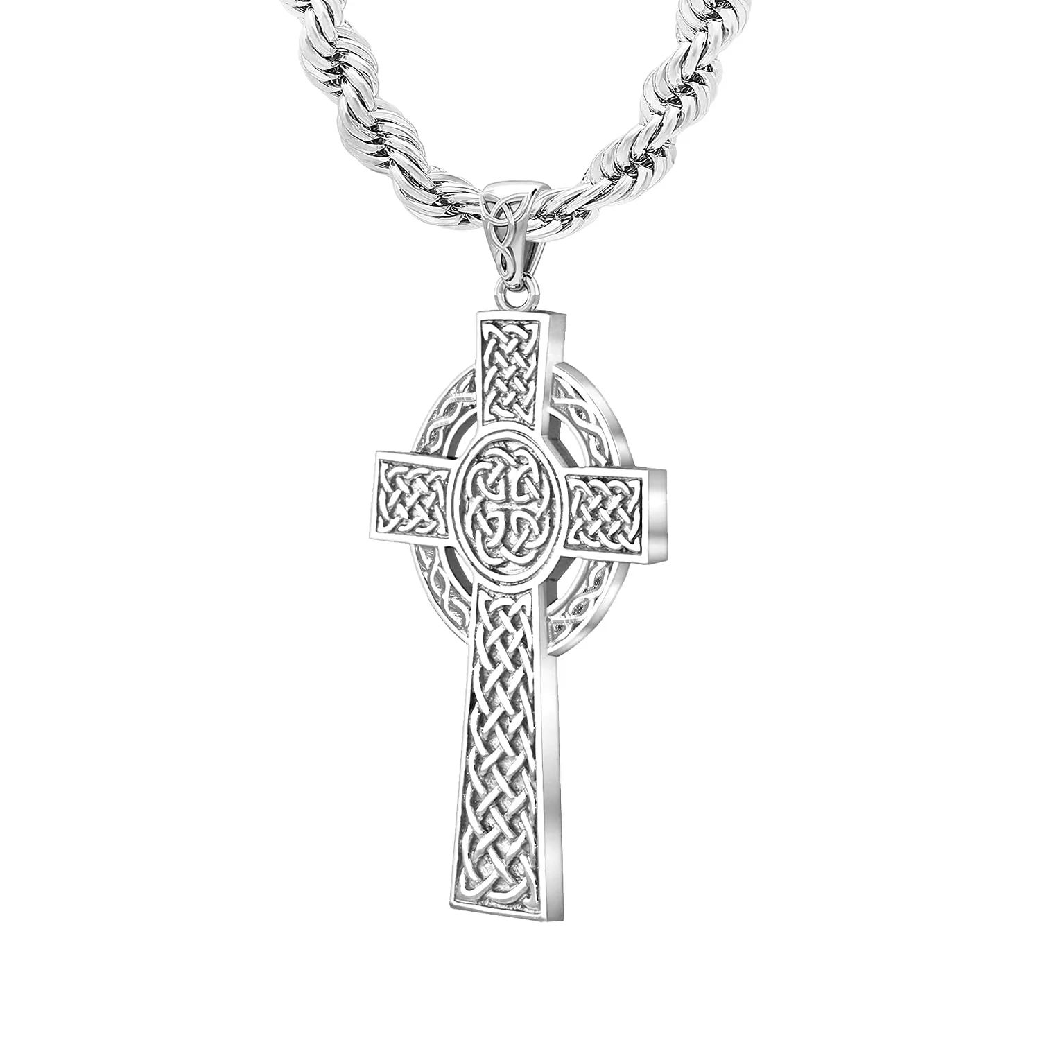 925 Sterling Silver Large High Polished Finish Irish Celtic Cross Pendant Necklace