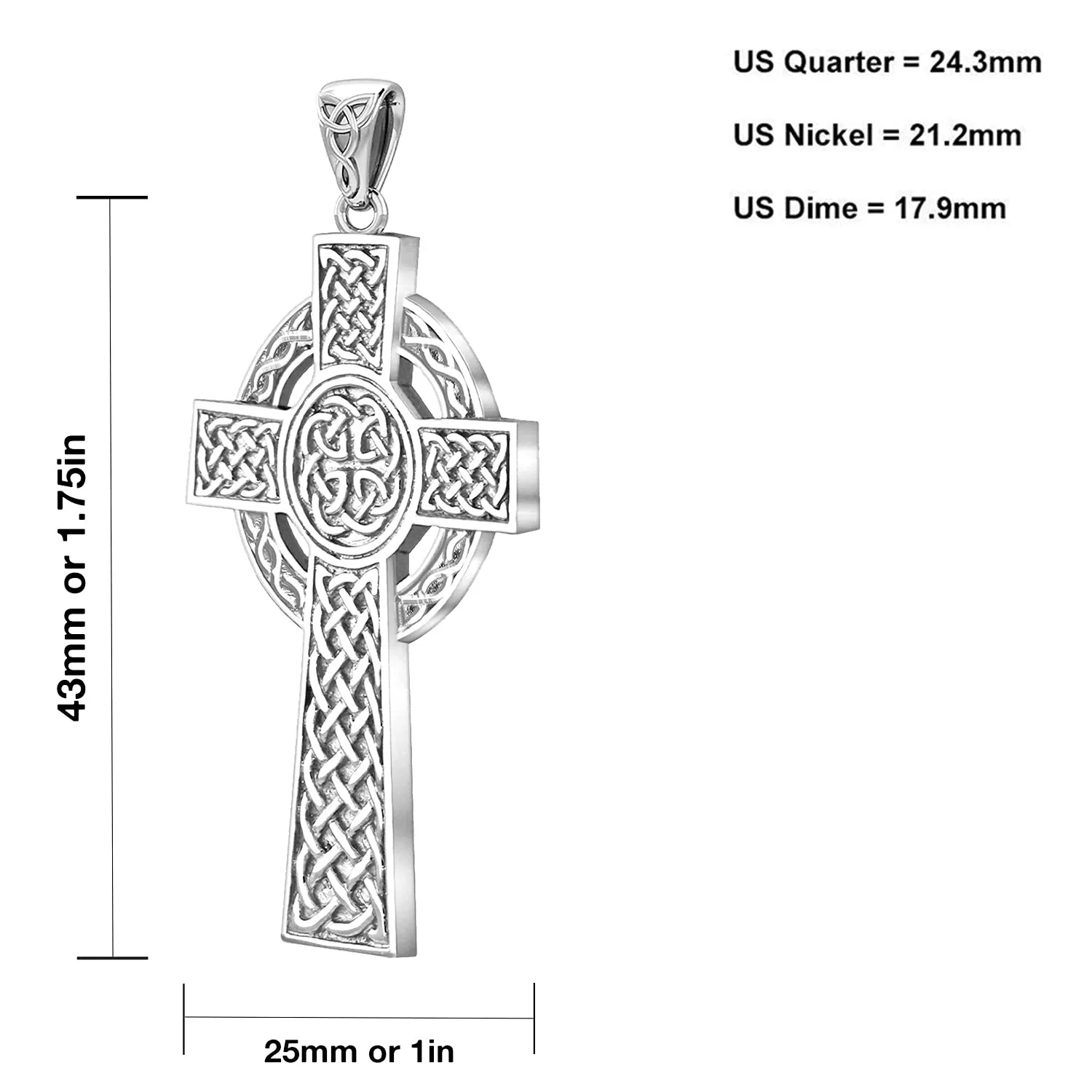 925 Sterling Silver Large High Polished Finish Irish Celtic Cross Pendant Necklace