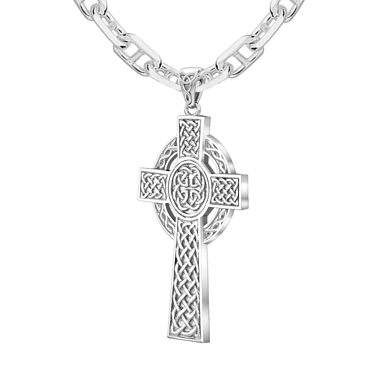 925 Sterling Silver Large High Polished Finish Irish Celtic Cross Pendant Necklace
