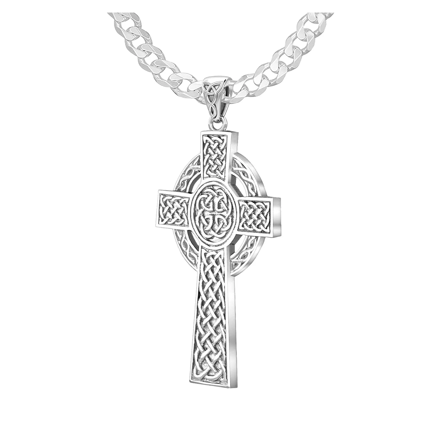 925 Sterling Silver Large High Polished Finish Irish Celtic Cross Pendant Necklace