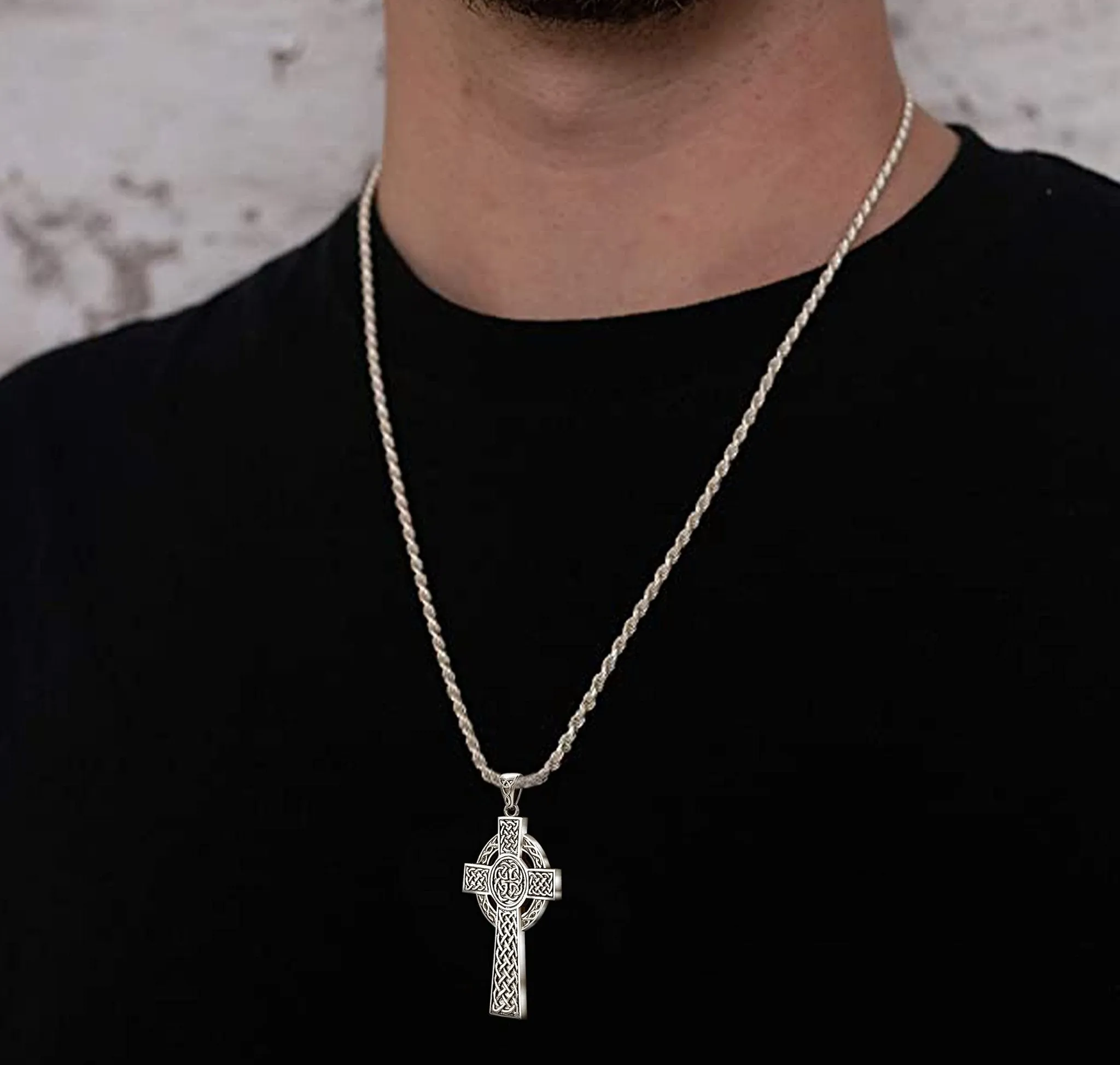 925 Sterling Silver Large High Polished Finish Irish Celtic Cross Pendant Necklace