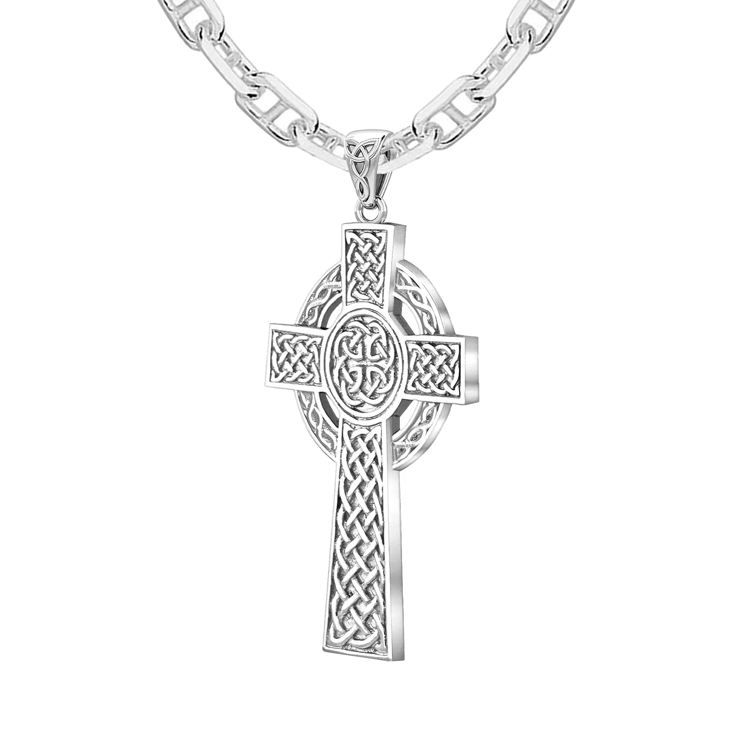 925 Sterling Silver Large High Polished Finish Irish Celtic Cross Pendant Necklace