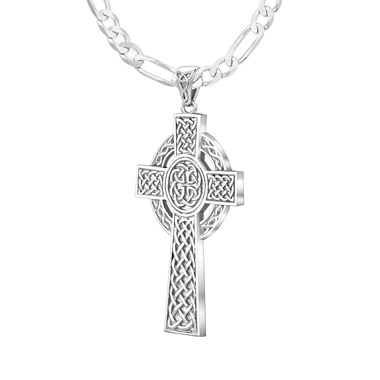 925 Sterling Silver Large High Polished Finish Irish Celtic Cross Pendant Necklace