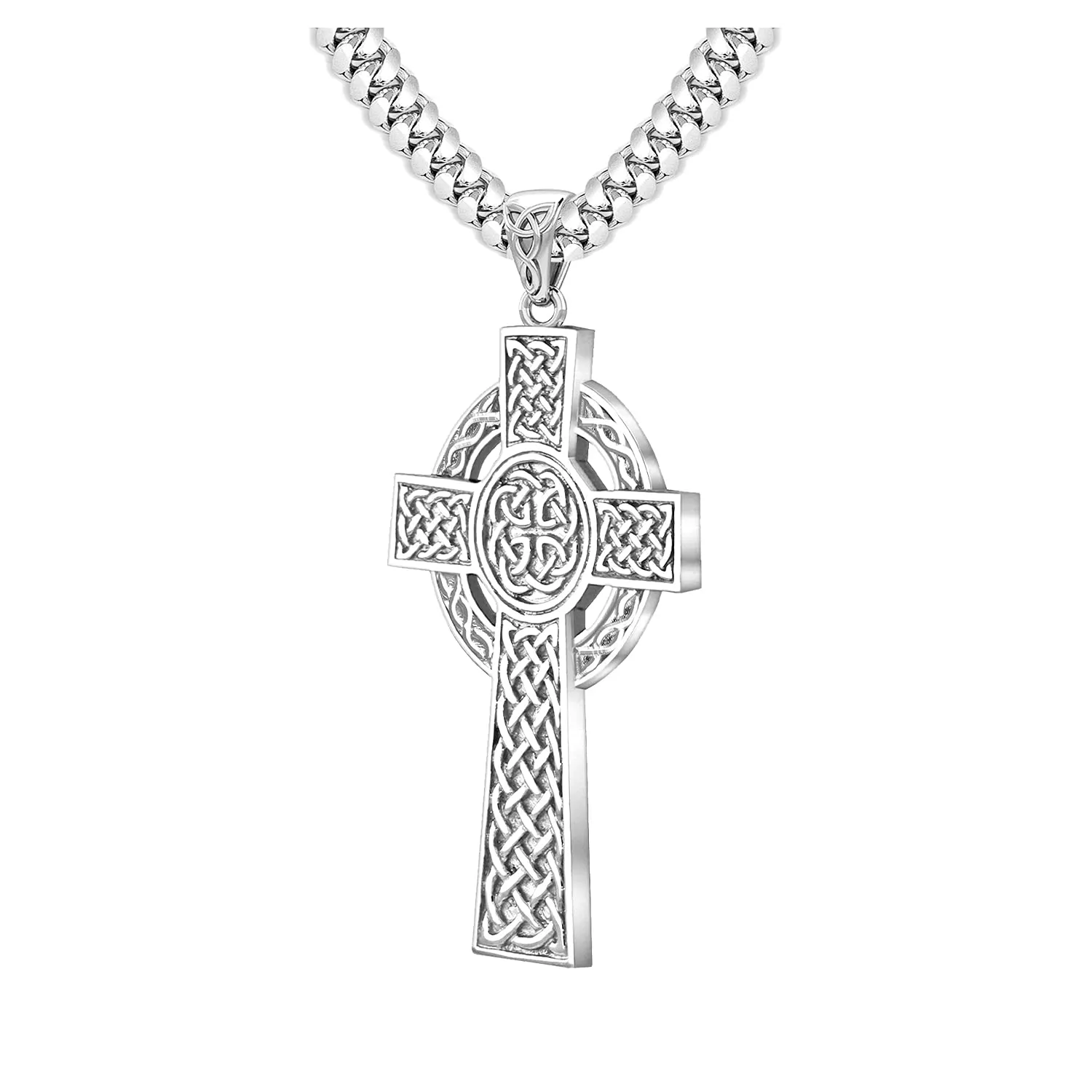 925 Sterling Silver Large High Polished Finish Irish Celtic Cross Pendant Necklace