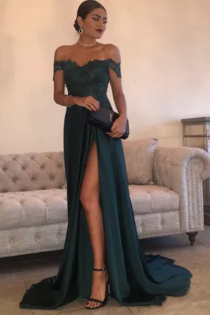 A Line Dark Green Chiffon High Split Prom Dresses,Sexy Lace Top Party Gown OK842