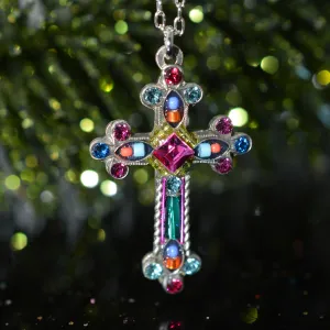 Antique Silver Plated Large Multi-Colored Crystal Cross Pendant by Firefly