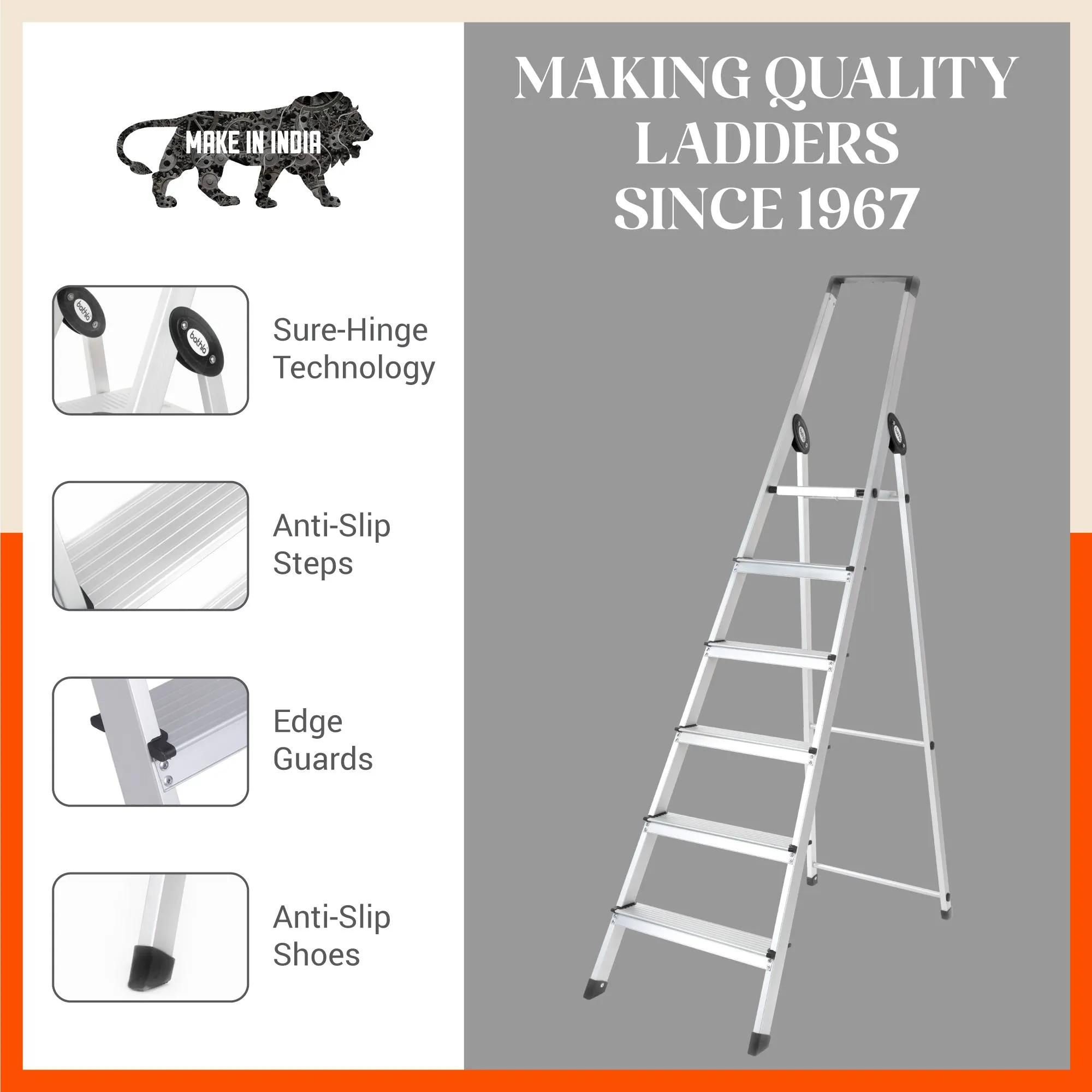Bathla Prime 6 - Step Aluminium Ladder for Home with Multi Utility Support Handle - Black