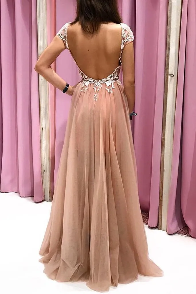 Cap Sleeves V Neck Open Back Champagne Lace Long Prom Dress, Evening Dress CMS211156
