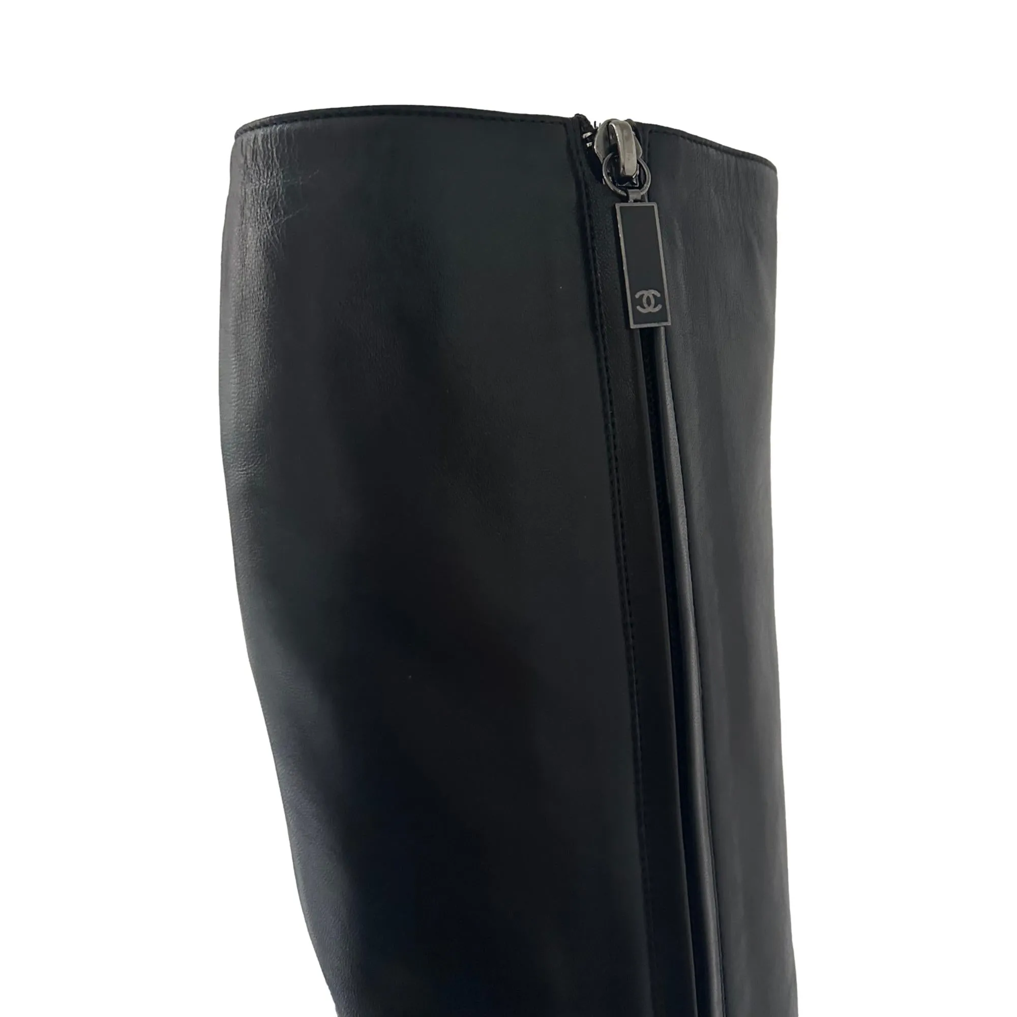 Chanel Black Leather Knee High Boots
