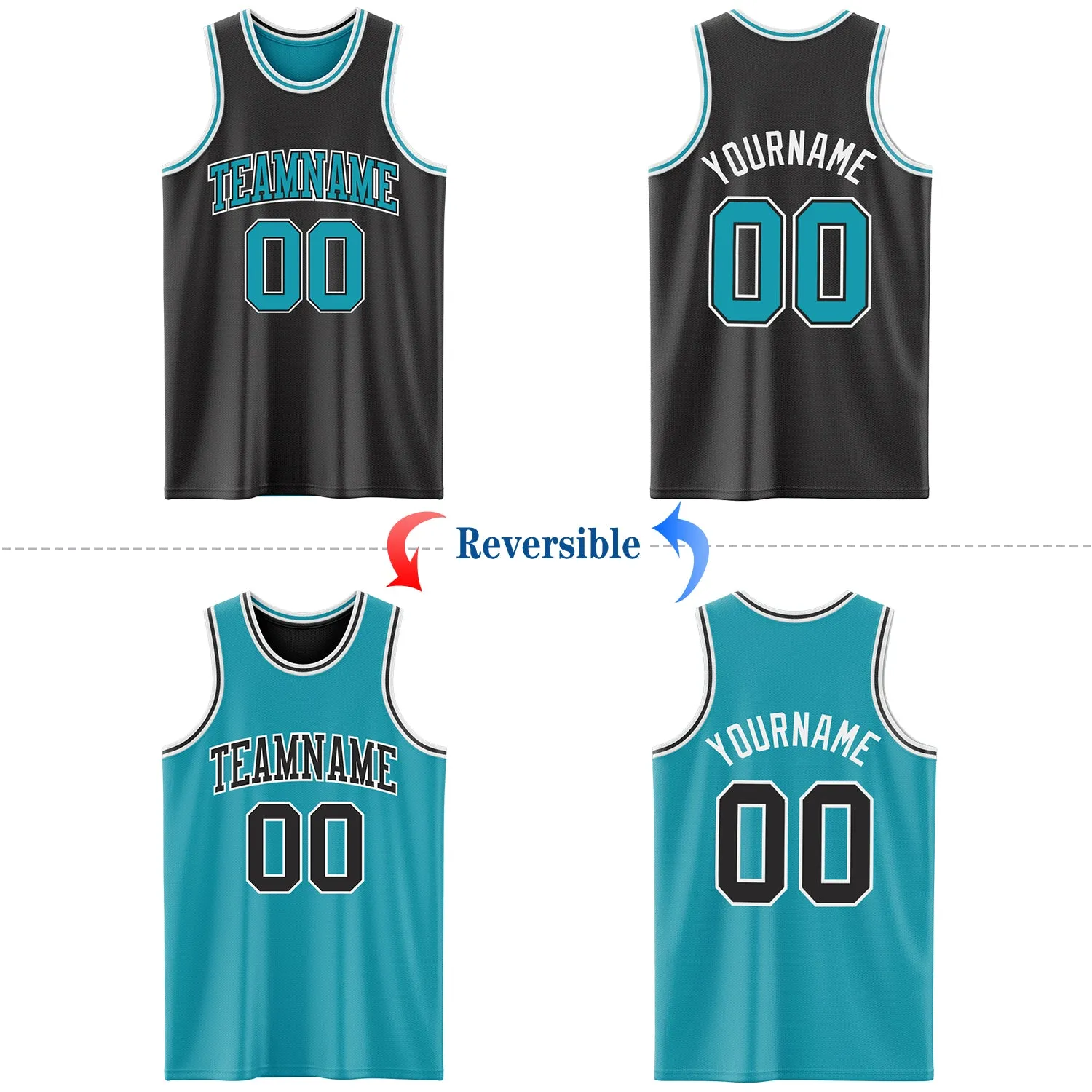 Custom Reversible Black Teal-White Double Side Authentic Basketball Jersey