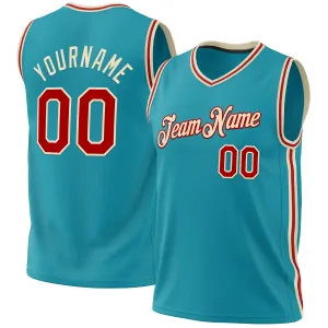 Custom Teal Red-Cream Authentic Throwback Basketball Jersey