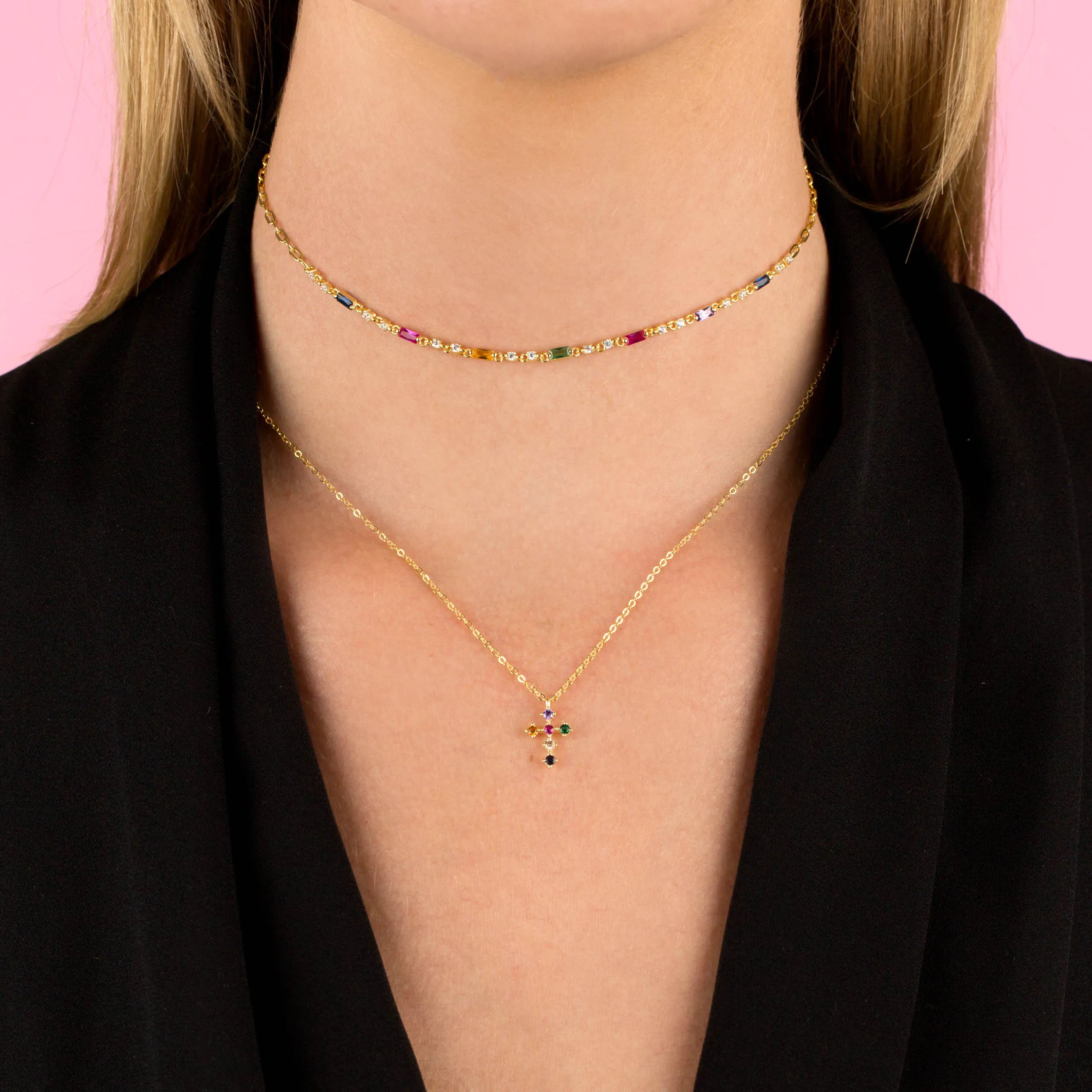 CZ Rainbow Cross Necklace
