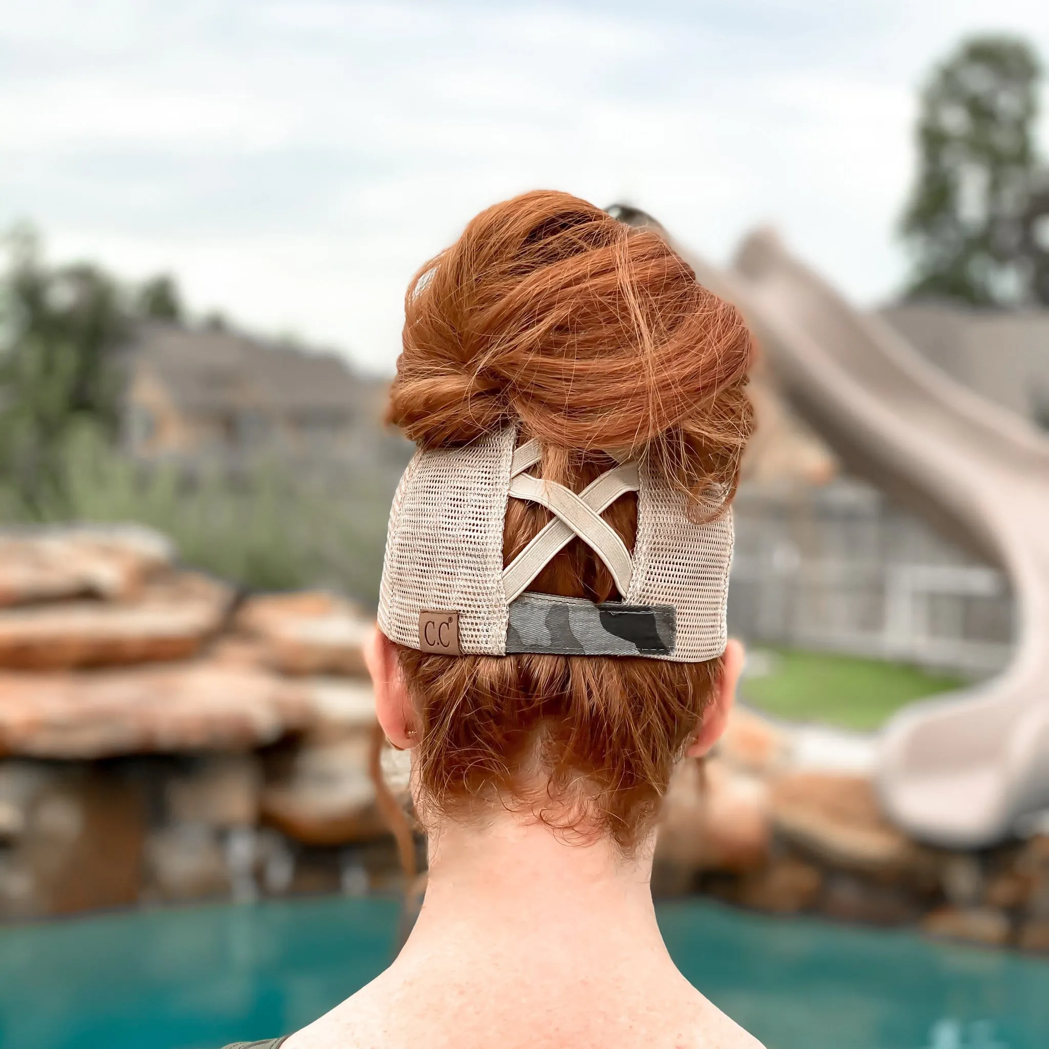 Distressed Camo Criss-Cross High Pony Ball Cap