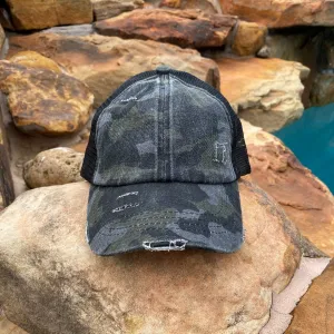Distressed Camo Criss-Cross High Pony Ball Cap