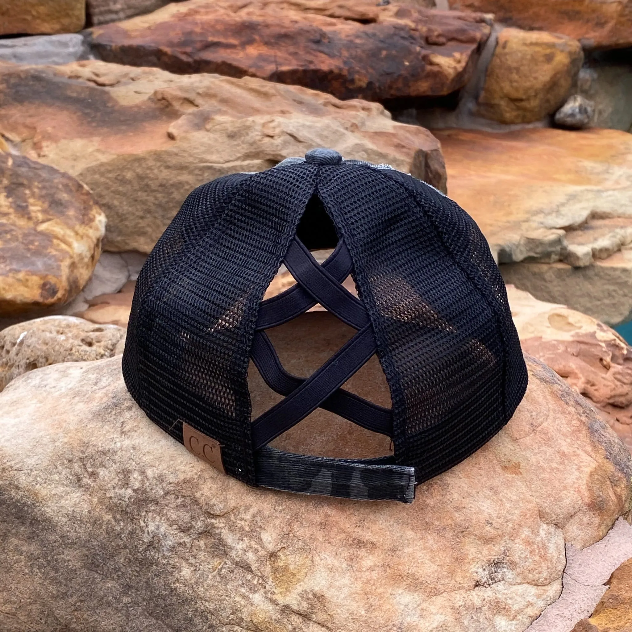 Distressed Camo Criss-Cross High Pony Ball Cap