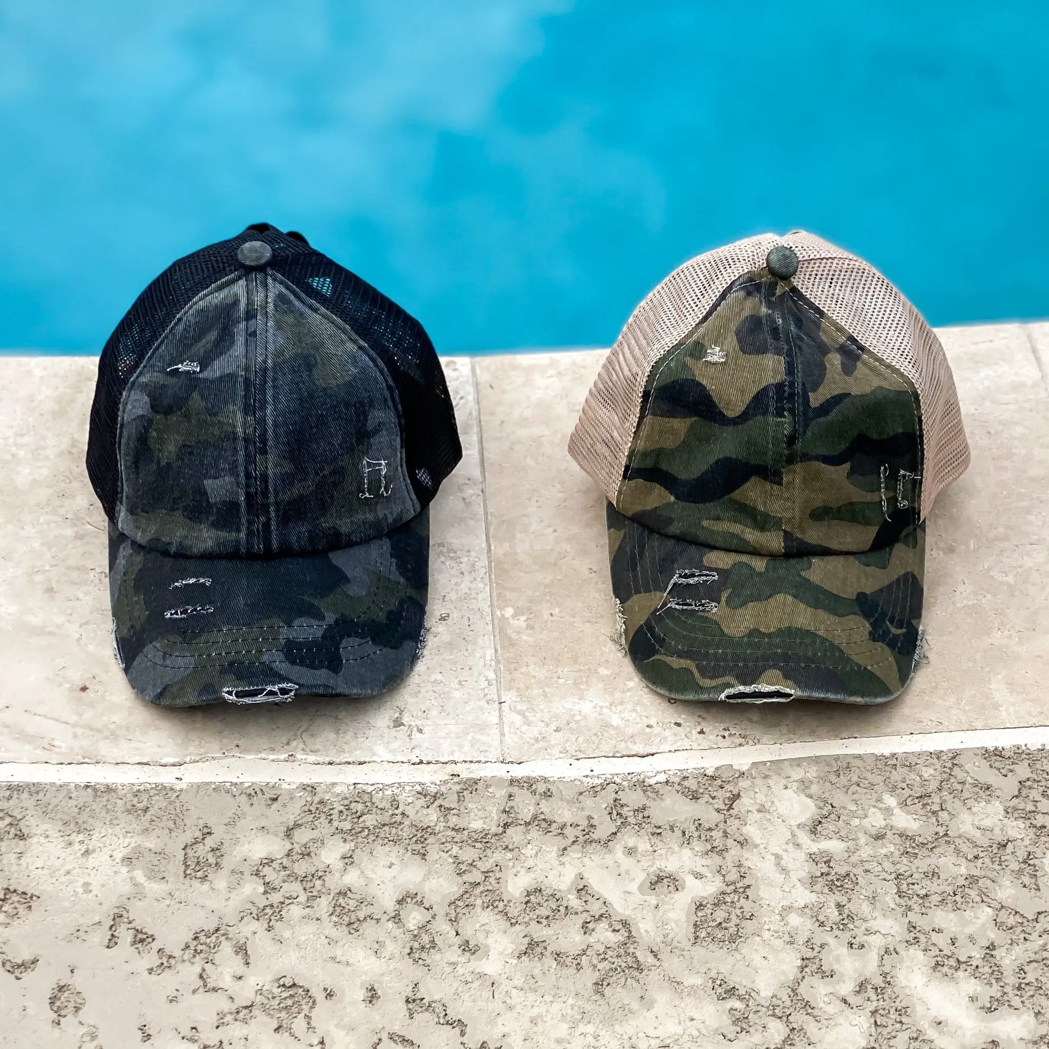 Distressed Camo Criss-Cross High Pony Ball Cap