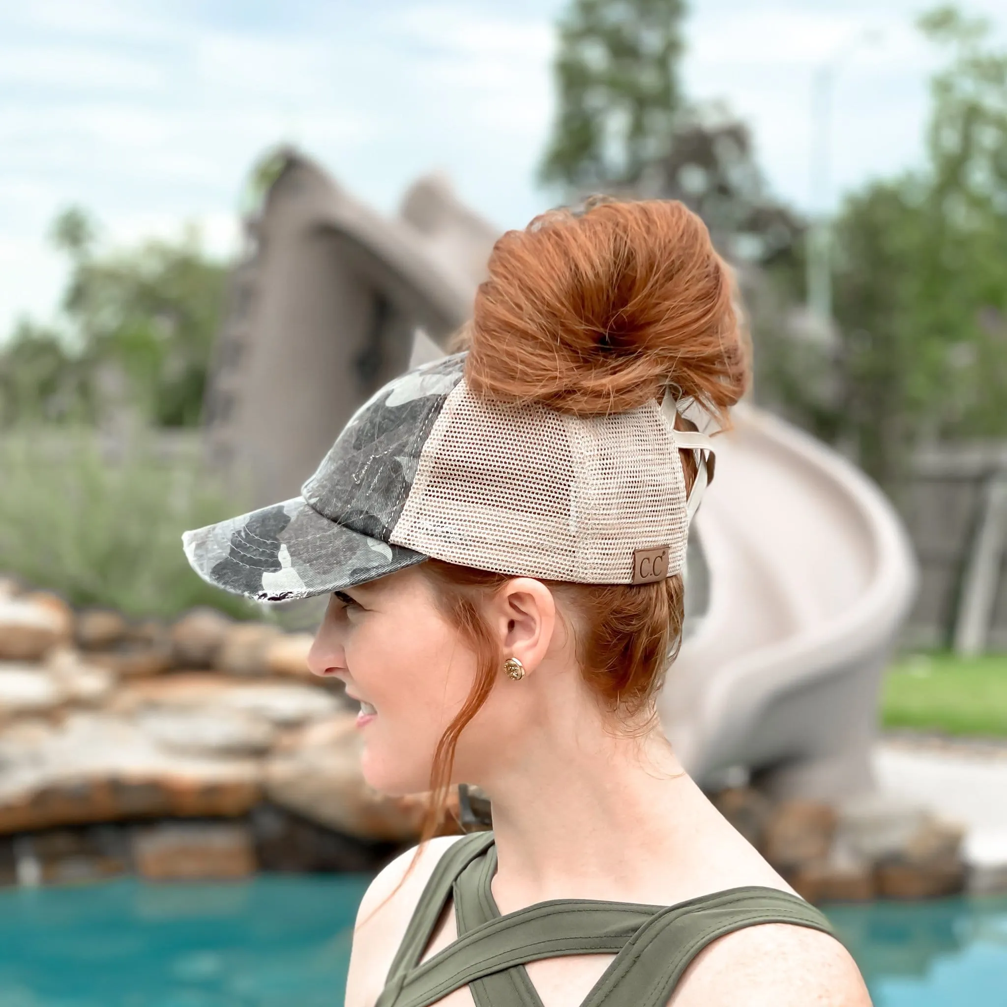 Distressed Camo Criss-Cross High Pony Ball Cap
