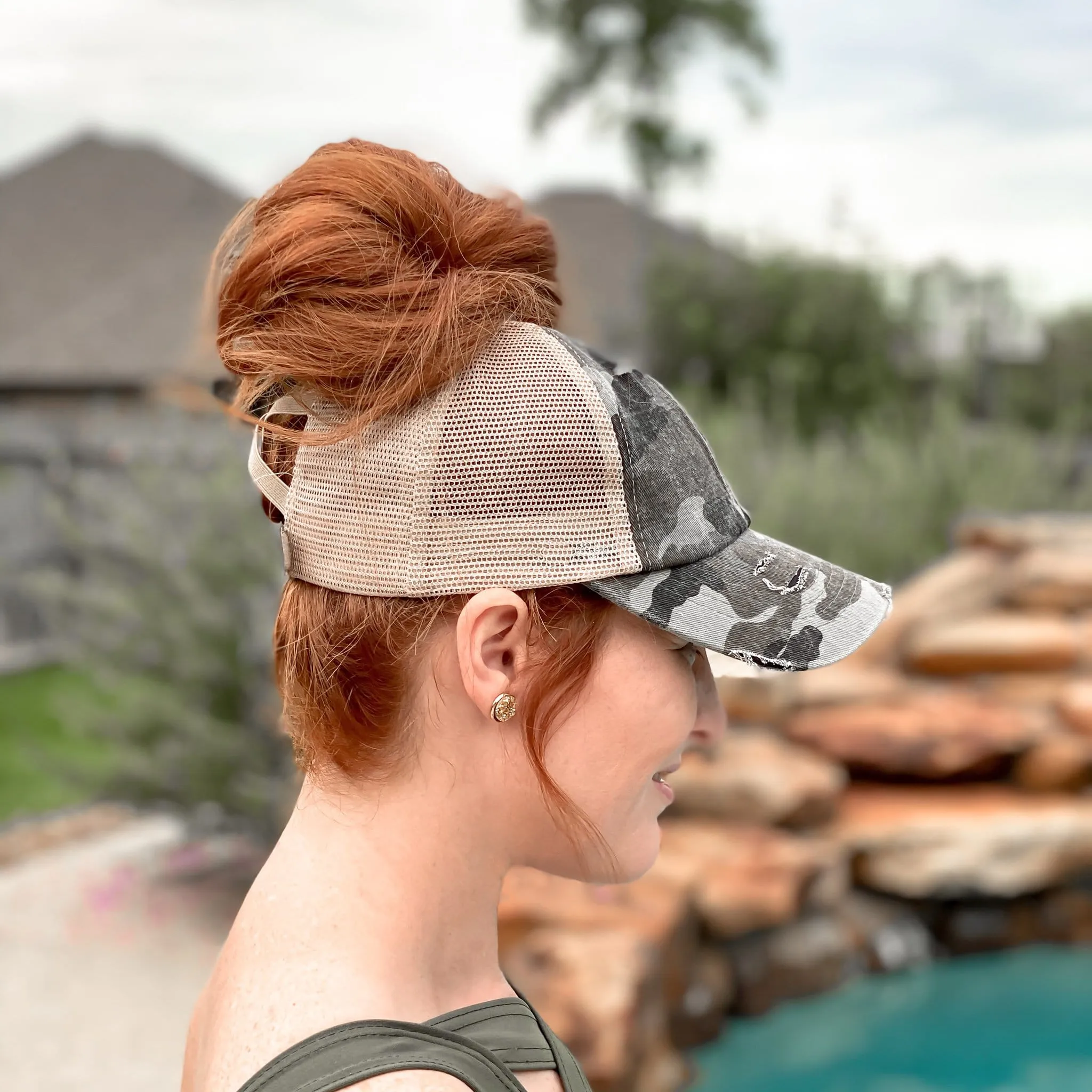 Distressed Camo Criss-Cross High Pony Ball Cap