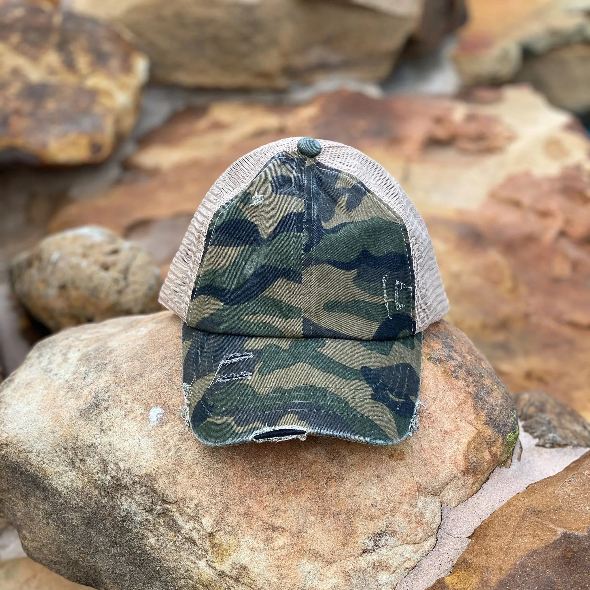 Distressed Camo Criss-Cross High Pony Ball Cap