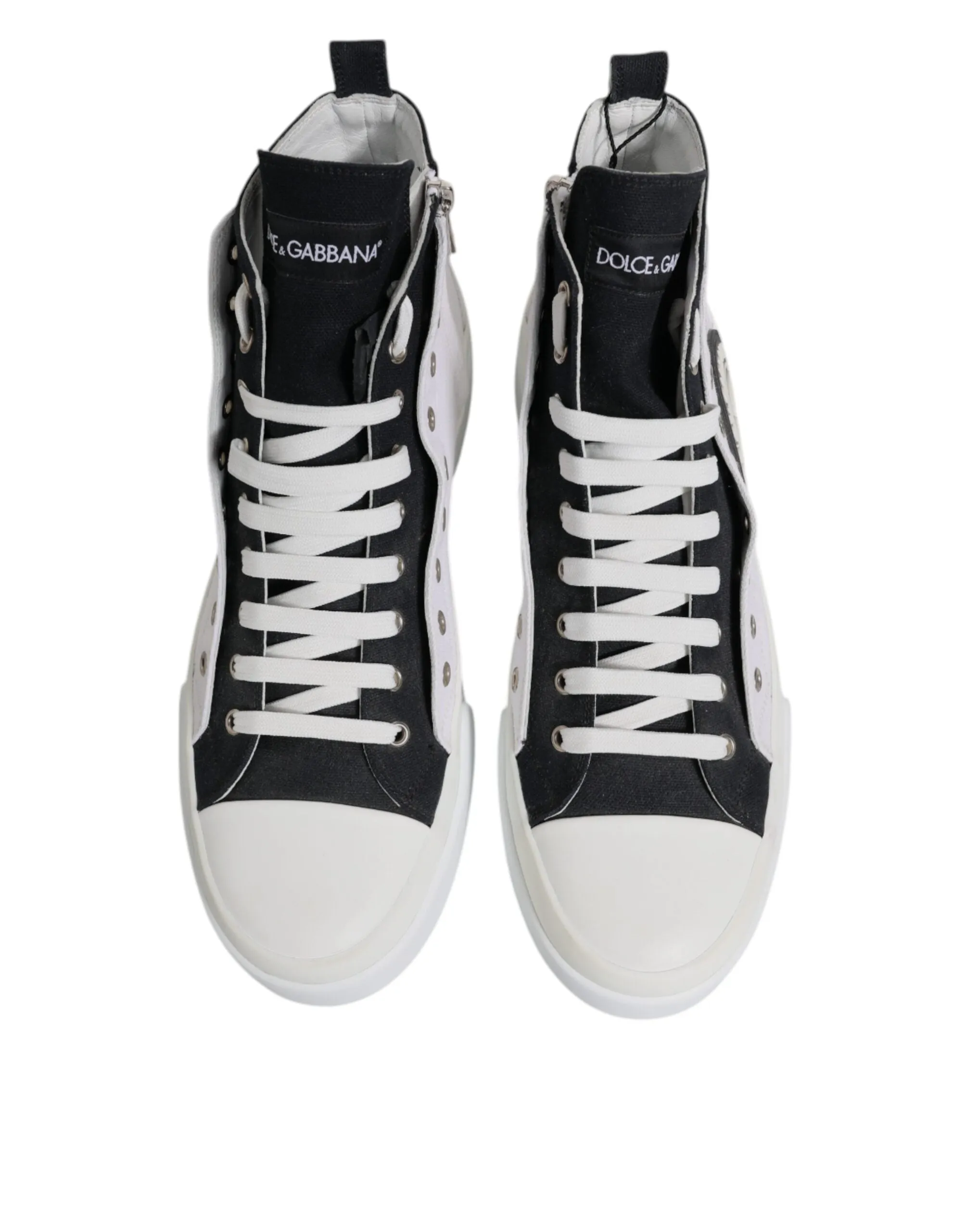 Dolce & Gabbana White Black Cotton High Top Sneakers Shoes