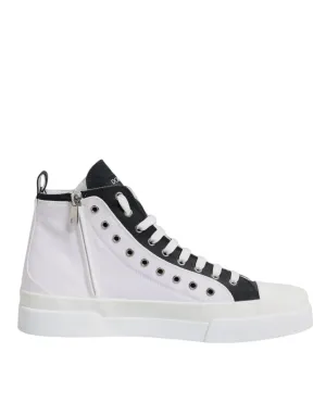 Dolce & Gabbana White Black Cotton High Top Sneakers Shoes