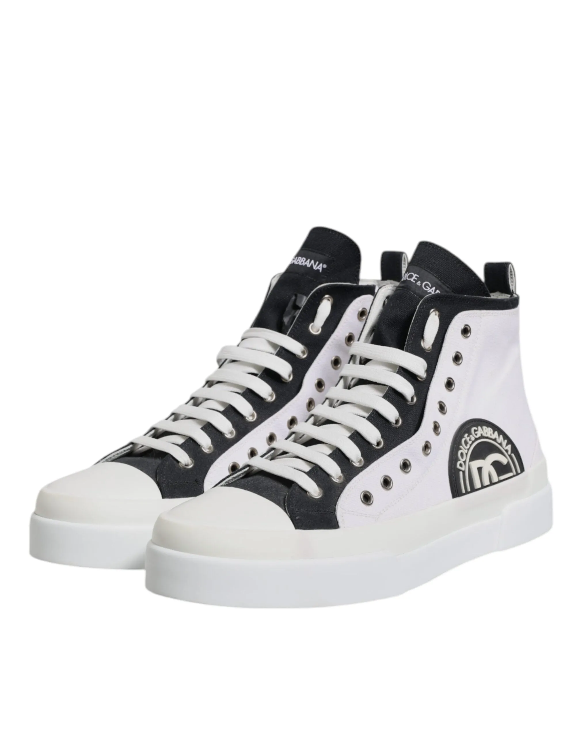 Dolce & Gabbana White Black Cotton High Top Sneakers Shoes
