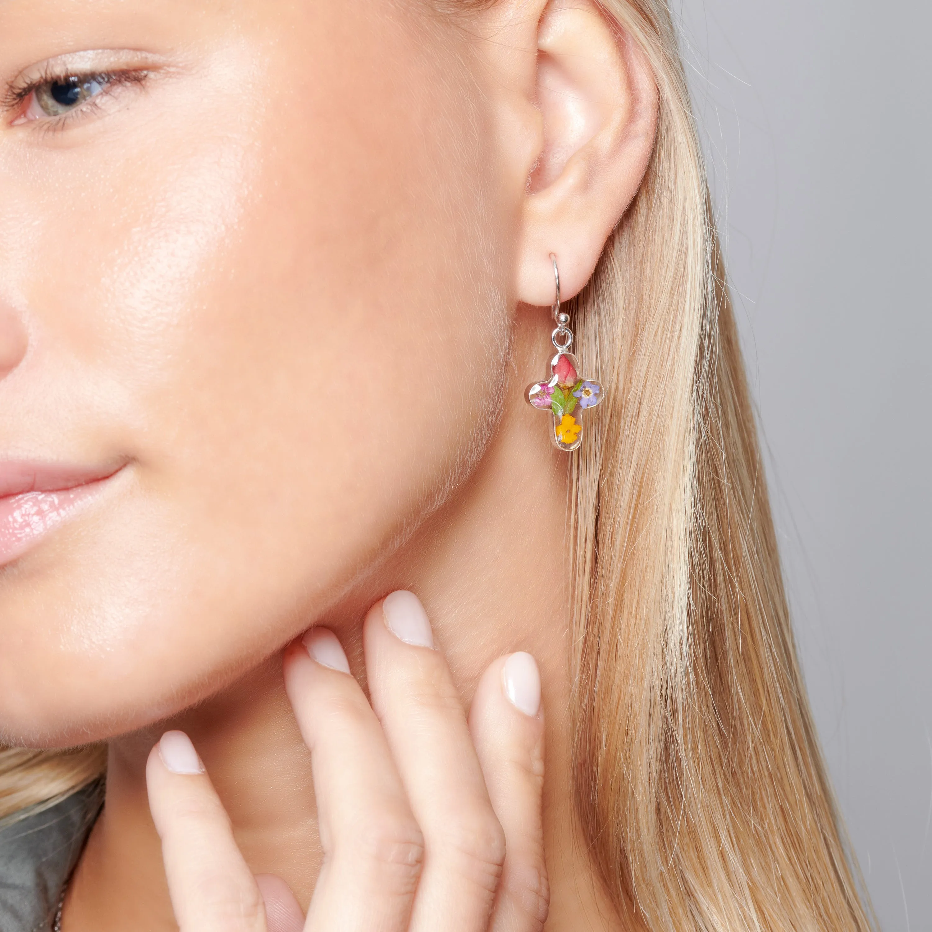 Eternal Cross Earrings with Multi Colored Flowers