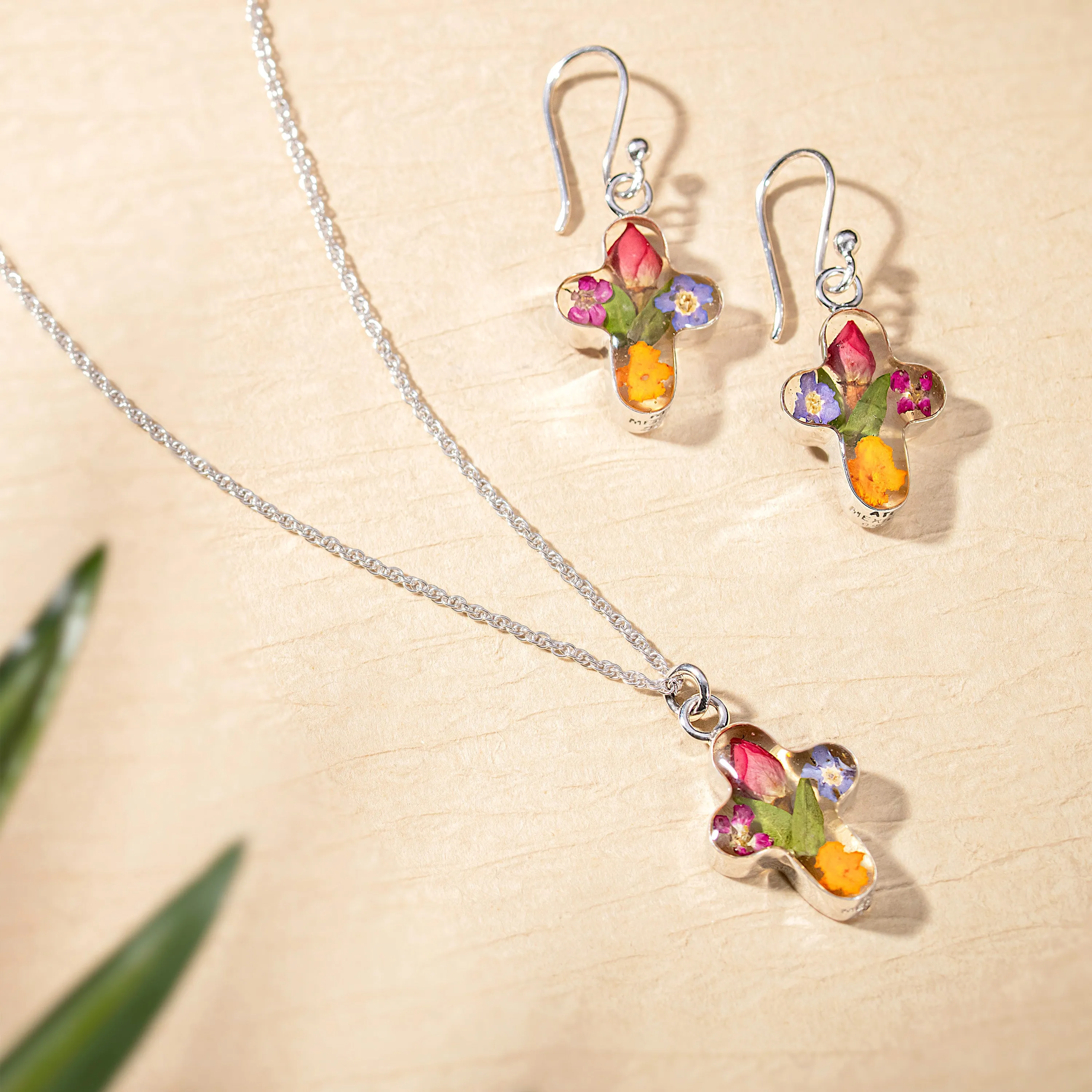Eternal Cross Earrings with Multi Colored Flowers