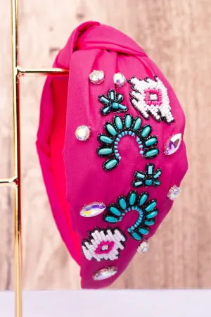 Fuchsia with Turquoise Squash Blossom Knotted Headband