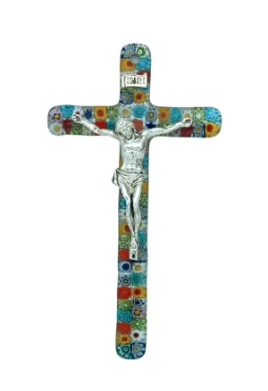 Genuine Murano Glass Crucifix, Multi-Colored Flowers, 6 in
