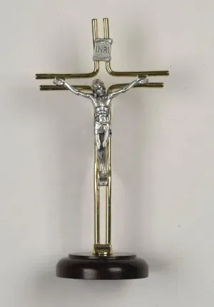 Gold & Silver Crucifix on Wood Base - 8"