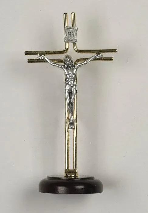 Gold & Silver Crucifix on Wood Base - 8"