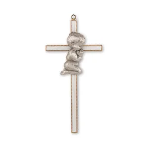 Gold and White Epoxy Praying Boy Cross 7"