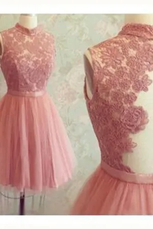 High-Neck Mini Lace Appliques Newest Sleeveless Homecoming Dress TR0038