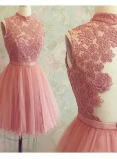 High-Neck Mini Lace Appliques Newest Sleeveless Homecoming Dress TR0038