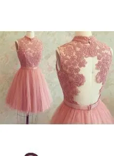 High-Neck Mini Lace Appliques Newest Sleeveless Homecoming Dress TR0038