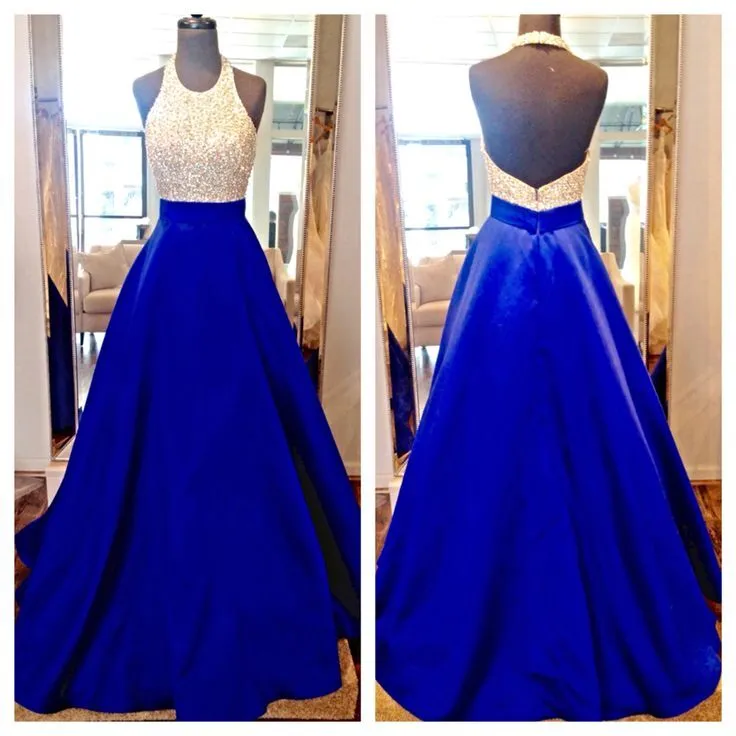 High Neck Royal Blue Long Prom Dress,Bodice Beads Evening Prom Dress Ball Gown OKE60