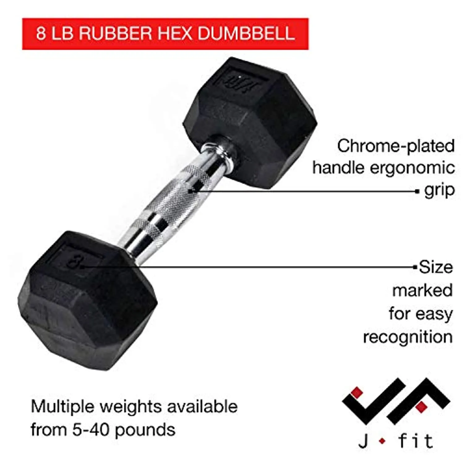 JFIT Rubber Hex Dumbbell - 15 Size, Single and Pair Options, 4-50lbs - Shaped Heads Prevent Rolling and Injury - Ergonomic Hand Weights for Exercise, Therapy, Muscle, Strength and Weight Training
