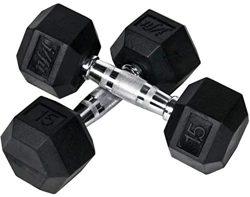 JFIT Rubber Hex Dumbbell - 15 Size, Single and Pair Options, 4-50lbs - Shaped Heads Prevent Rolling and Injury - Ergonomic Hand Weights for Exercise, Therapy, Muscle, Strength and Weight Training