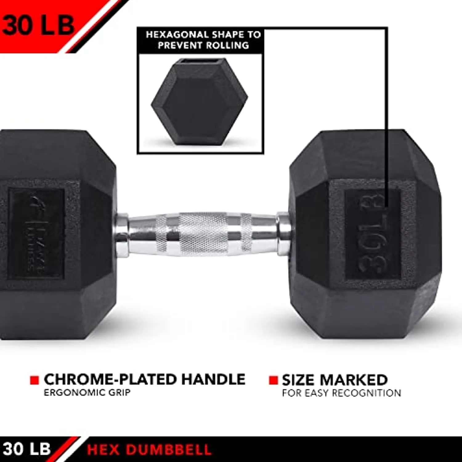 JFIT Rubber Hex Dumbbell 30 LB Single - Hex Shaped Heads to Prevent Rolling and Injury - Ergonomic Hand Weights for Exercise, Therapy, Building Muscle, Strength and Weight Training